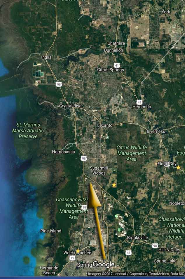 Aerial Overview of Citrus County, Homosassa, Sugarmill Woods Community and the Real Estate for Sale; Gulf of Mexico on the left.