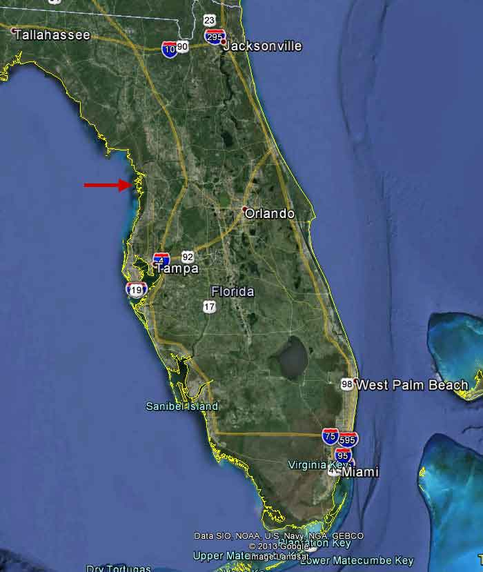Aerial map of Florida, FL, USA, Arrow points to Citrus County